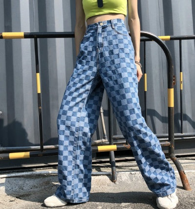 Women's Blue Plaid High Waist Wide Leg Loose Straight Harem Pants Punk Bottom Trousers.