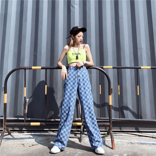 Women's Blue Plaid High Waist Wide Leg Loose Straight Harem Pants Punk Bottom Trousers.