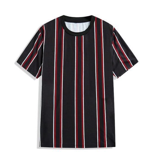 Men's casual summer contrast color T-shirt, with short-sleeved round neck and vertical stripes.