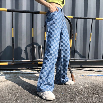 Women's Blue Plaid High Waist Wide Leg Loose Straight Harem Pants Punk Bottom Trousers.