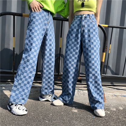 Women's Blue Plaid High Waist Wide Leg Loose Straight Harem Pants Punk Bottom Trousers.