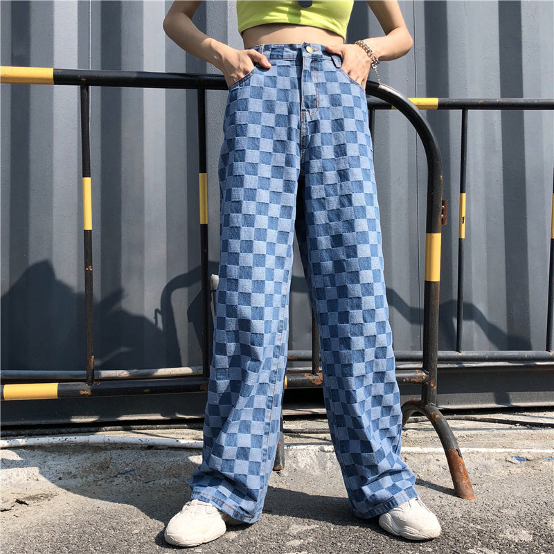 Women's Blue Plaid High Waist Wide Leg Loose Straight Harem Pants Punk Bottom Trousers.