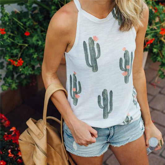 T-shirt d'été imprimé cactus pour femme, décontracté, col licou, Harajuku, pour femme 