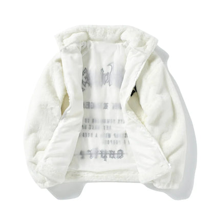 Men's Rabbit Fur Jacket Coats Hip Hop Retro Letter Print Autumn Fleece