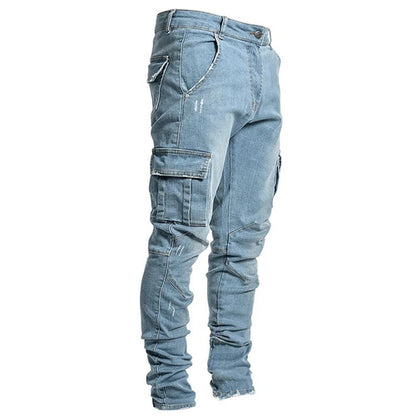 Street Elastic Jeans Men Denim Cargo Pants Wash Solid Color Multi 