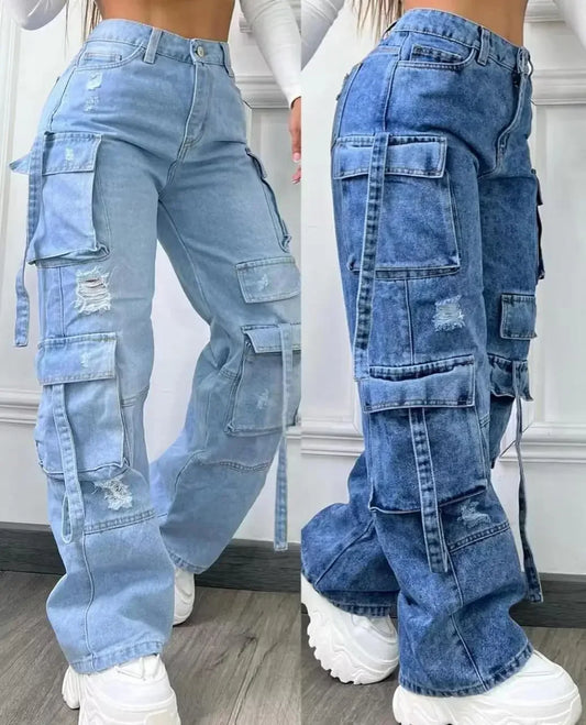 Pantalon en jean pour femme, tendance, couleur unie, polyvalent, multi-poches, décontracté, grande taille, taille haute, 2025