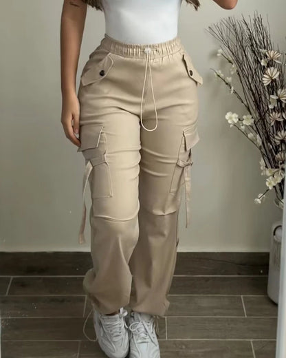 Women's Cargo Pants 2024 Autumn Fashion Street Pocket Design Drawstring Cuffed Pants Daily Casual Plain Long Pants Versatile