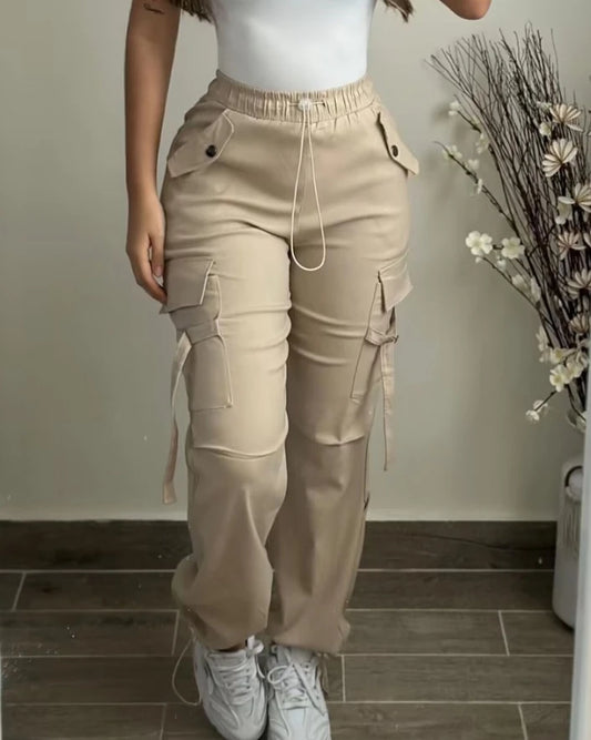 Pantalon cargo pour femme, mode automne 2024, poches, cordon de serrage, revers, décontracté, uni, long, polyvalent