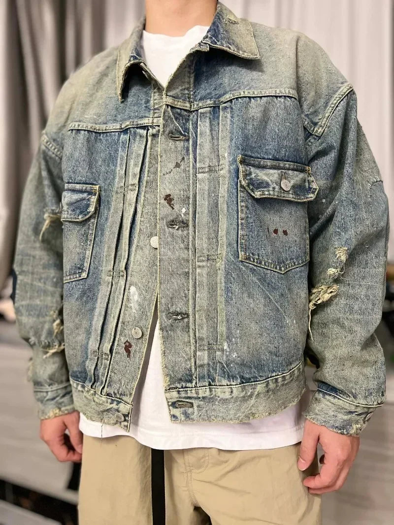 24ss Oversized SAINT MICHAEL Denim Jackets Women 1:1 Top Quality Washed Damaged Jackets Men Clothing