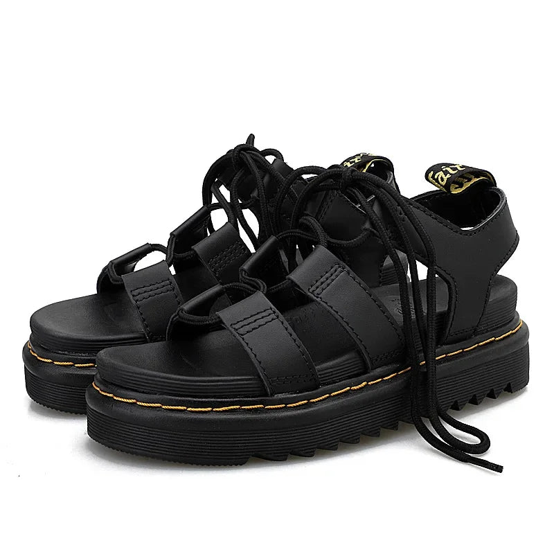 Black Cross-Tied Roman Sandalias De Mujer Verano Thick Flat Sole Heighten Sandaly Damskie Ankle Strap Peep Toe Huaraches Beach