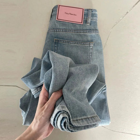 Jeans basiques pour femmes, longueur totale, coupe droite, jambes larges, taille haute, poches, boutons, couleur unie, style vintage, décontracté