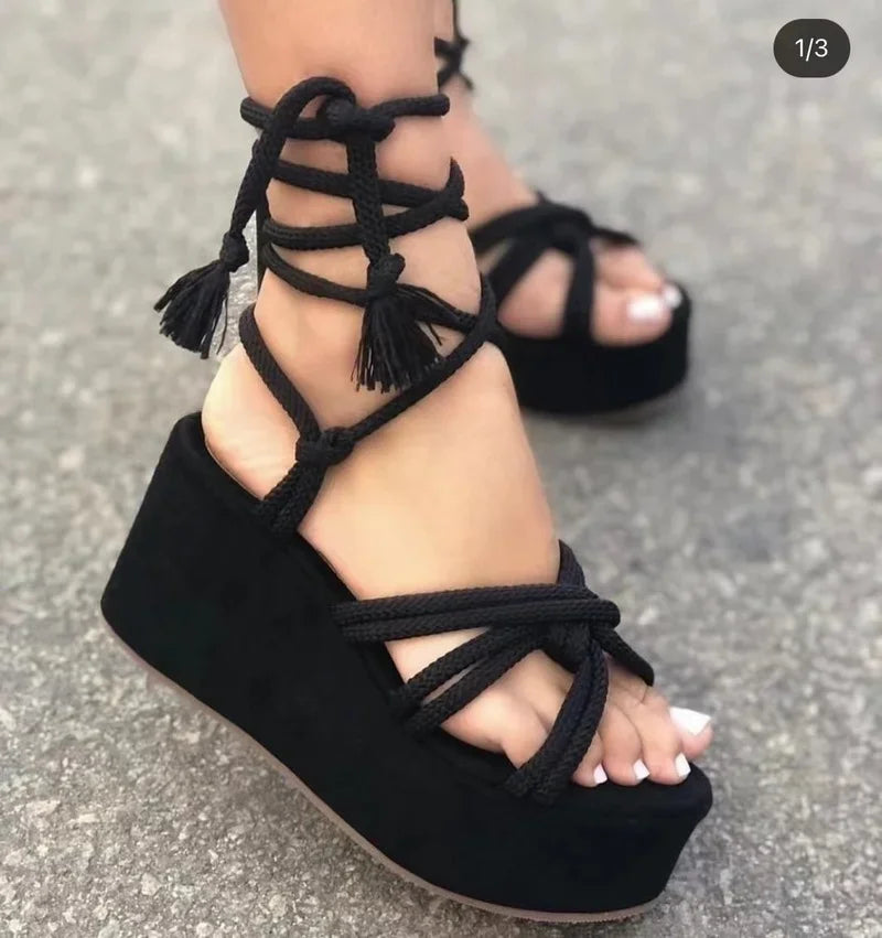 2024 Summer New Platform Wedge Sandals for Women Fashion Round Toe Cross Tied Height Increase Open Toe Femme Sandal Plus Size 43