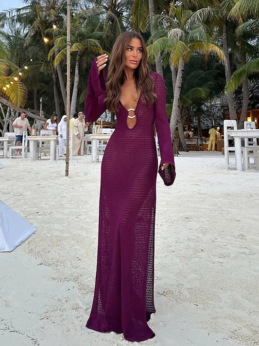 Robe longue sexy en tricot ajouré avec boucle en métal pour femme, tenue chic à manches longues et taille haute, idéale pour la plage ou les fêtes