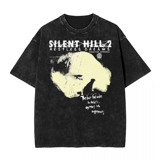 T-shirt manches courtes délavé style hip-hop avec imprimé Silent Hill 