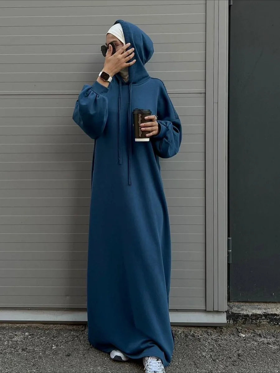 Muslim Women Hoodie Dress Saudi Arabic Long Robe Vestidos Abaya Dubai Morocco Kaftan Jalabiya Eid Ramadan Hooded Dresses Abayas