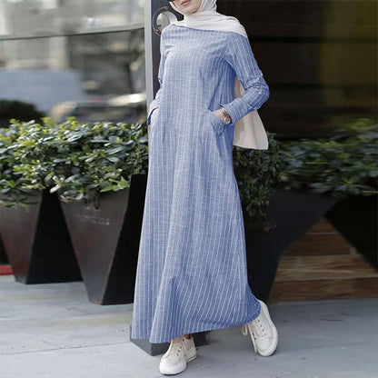 Streetwear Plus Size Vintage Long Sleeve Striped Cotton Linen Dress