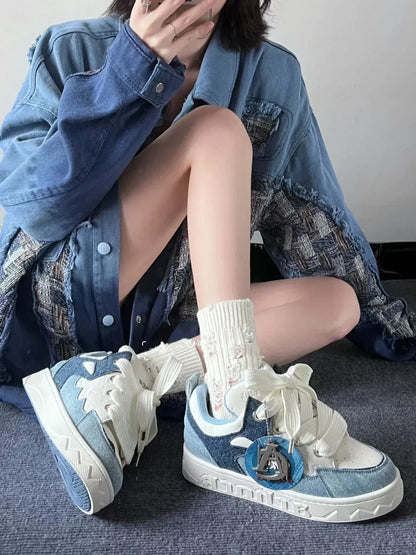 2024 Spring New Thick-Soled All-Match Casual Sneakers Female Couple National Trend Niche Denim Blue Couple Bread Shoes Male