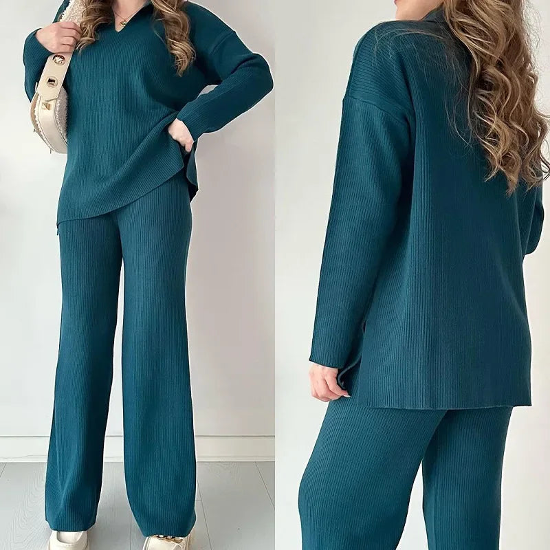 Two Piece Pant Sets Women Knit Sweater V Neck Full Sleeve Splice Loose Fit Trousers Matching Sets Thick Pants Casual Office Lady