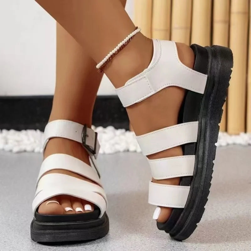 Summer 2025 Classic Leather Sandals Ladies Roman Buckle Open Toe Beach Shoes Thick Bottom Leather Fish Mouth Trifle Sandals 43