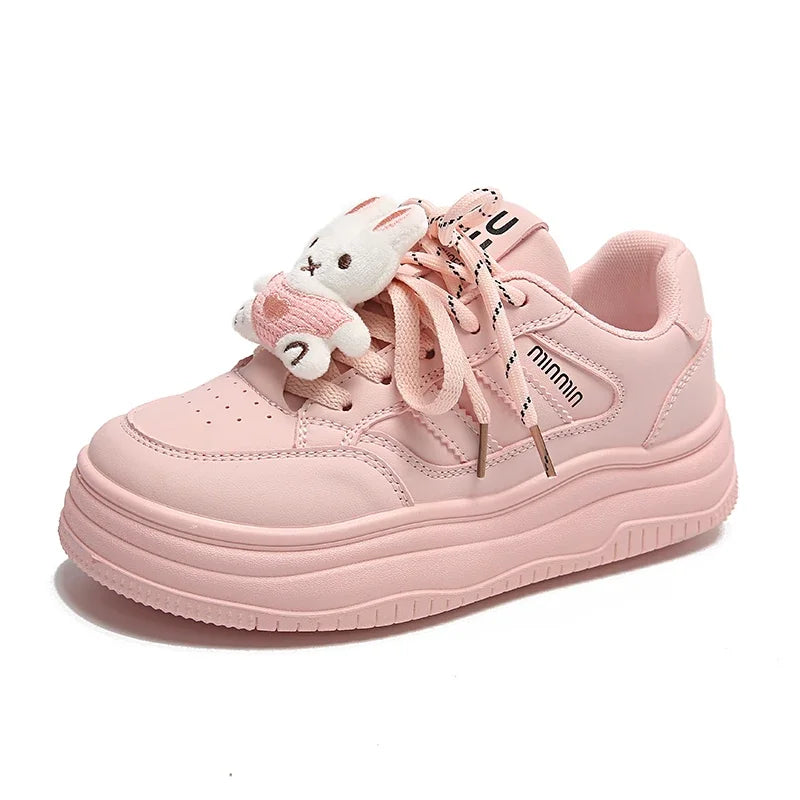 Chaussures à plateforme couleur bonbon pour femmes, chaussures à semelles compensées de luxe, accessoires de lapin de dessin animé, baskets polyvalentes à semelle épaisse pour filles, chaussures plates mignonnes