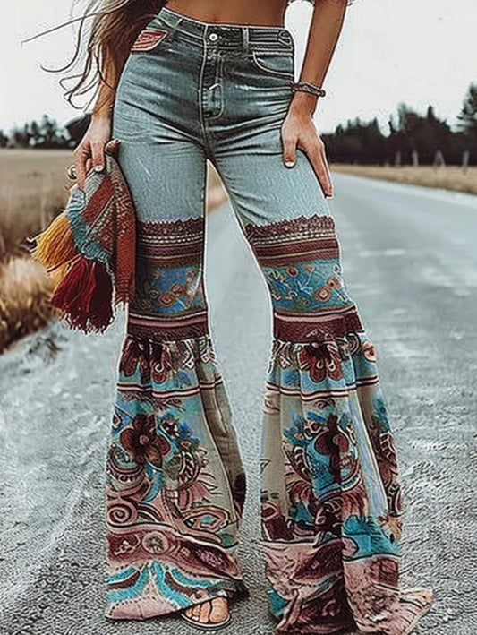 Womens Jeans Pants Autumn Winter Blue Vintage Floral Printed Bottoms with Pockets Woman High-Waisted Flared Denim Pants