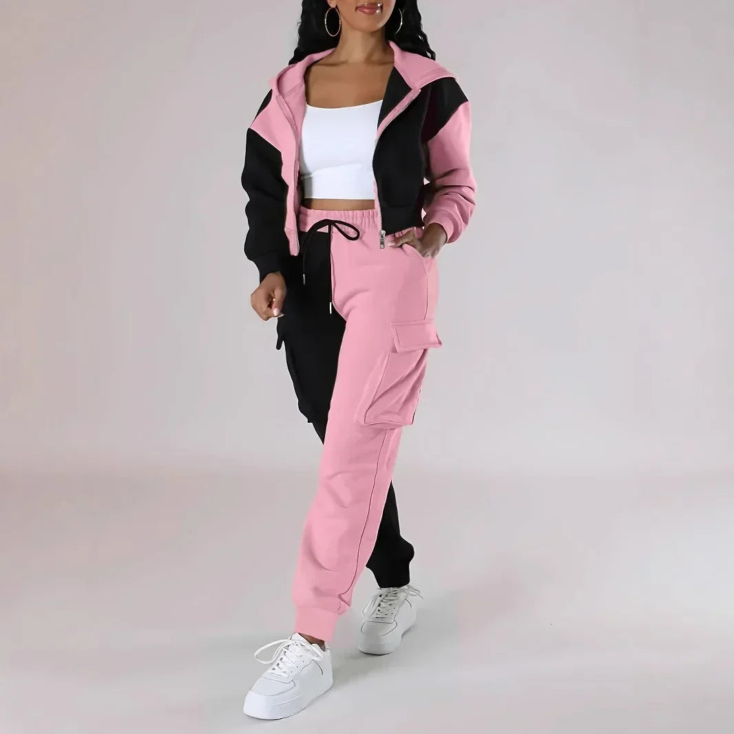 Women Loose Autumn Winter Two Pieces Suit Matching Sets Hoodie Tracksuit Blocked Zipper Short Outerwear Drawstring Cargo Pants