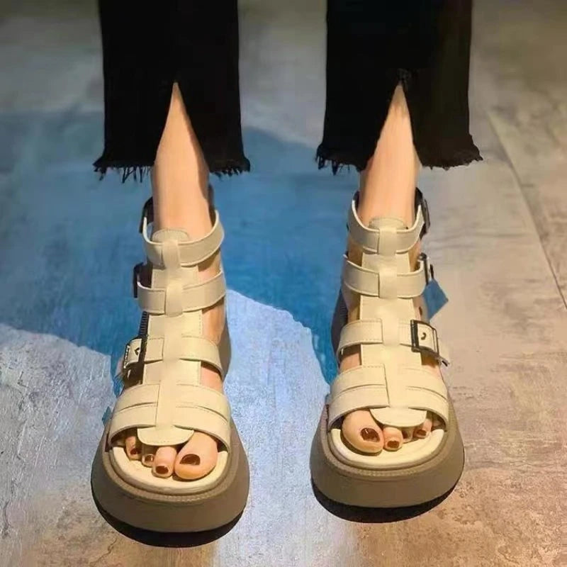 Thick Heel Women Sandals Women's New Hollow Open Toe Shoes Fashion Casual Sandals Female Designer Flat Roman Shoes Summer 2024