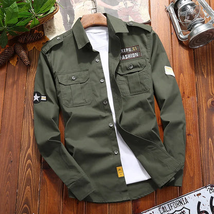 Men's Shirts Military Cotton Shirt Khaki Casual Retro Slim Fit with