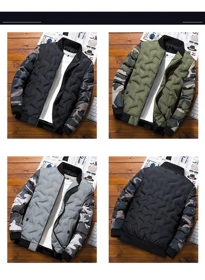 Men Winter Baseball Jacket Camouflage Patchwork Cotton Coats Slim Fit College Warm Jackets Men's Stand Collar Outwear Coat