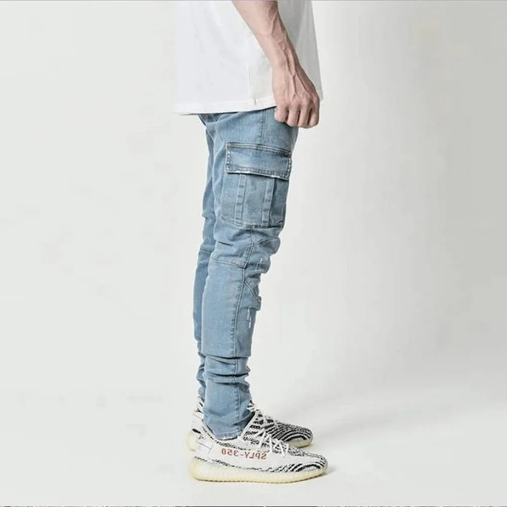 Street Elastic Jeans Men Denim Cargo Pants Wash Solid Color Multi