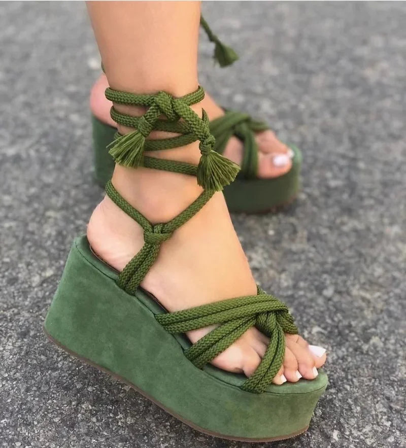 2024 Summer New Platform Wedge Sandals for Women Fashion Round Toe Cross Tied Height Increase Open Toe Femme Sandal Plus Size 43