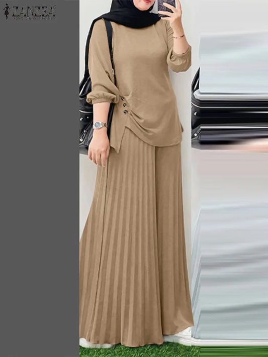 ZANZEA Spring 2pcs Outfits Muslim Women Elegant Matching Sets Casual Long Sleeve Tops Trousers Suit IsIamic Hijab Tracksuit 2025