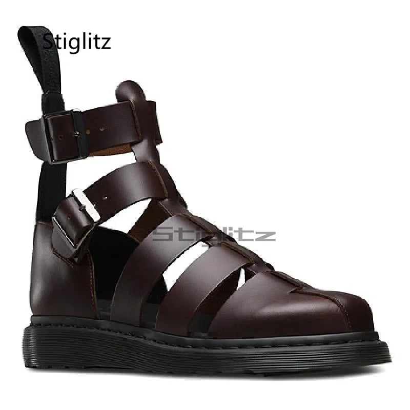 Men's High Top Cowhide Beach Shoes Genuine Leather Hollow Sandals Baotou Roman Sandals Breathable Buckle Strap Male Shoes Summer