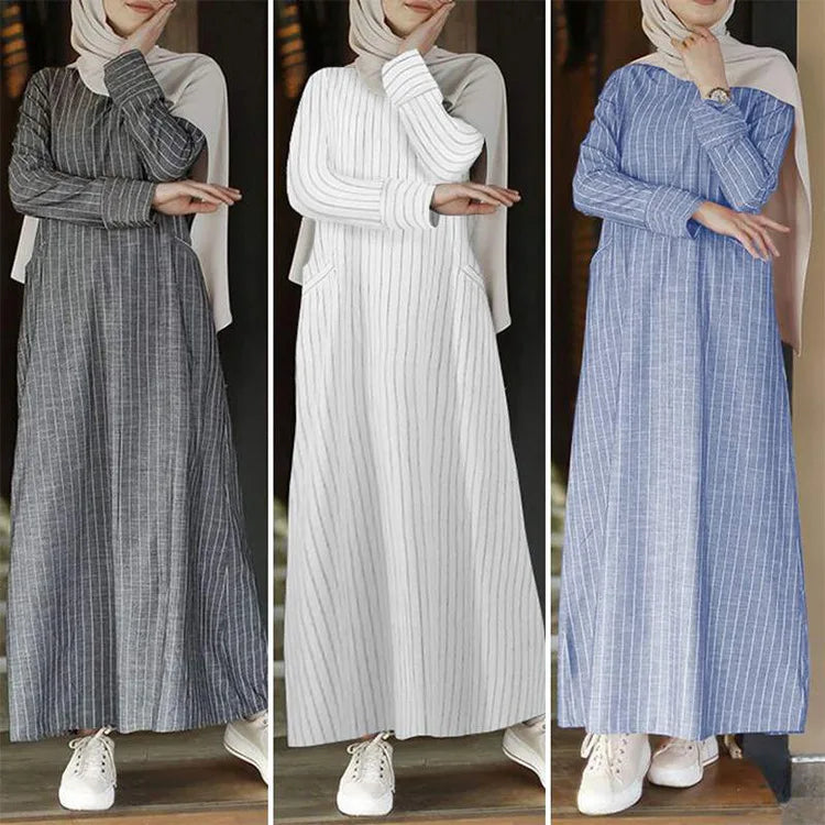 Streetwear Plus Size Vintage Long Sleeve Striped Cotton Linen Dress