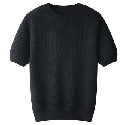 Men's T-neck pullover with short sleeves 100% pure wool sweater spring and summer new sweater solid color trend top