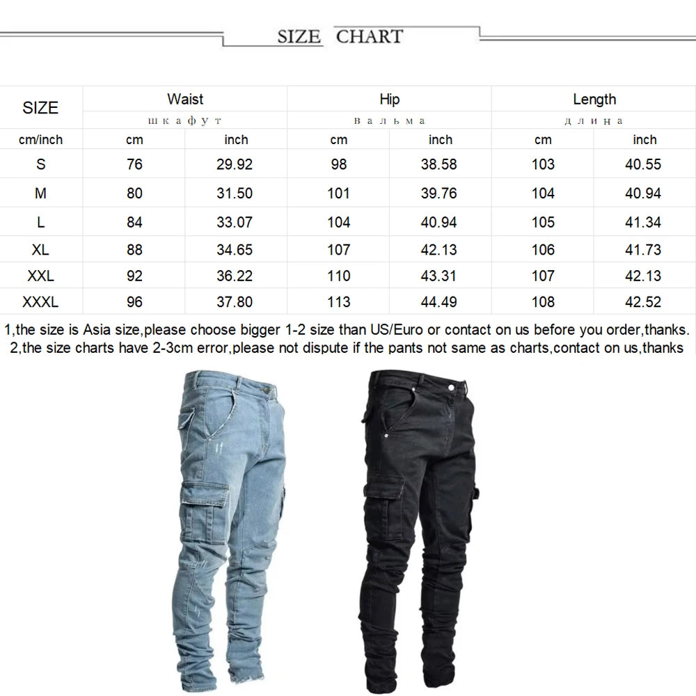 Fashion Streetwear Ripped Skinny Jeans Men Side Mulit Pockets Denim