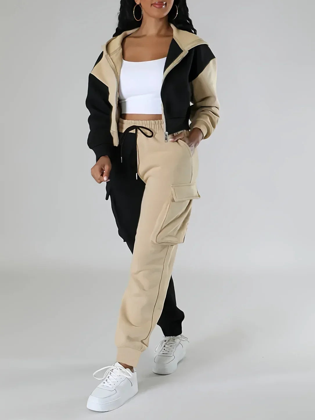 Women Loose Autumn Winter Two Pieces Suit Matching Sets Hoodie Tracksuit Blocked Zipper Short Outerwear Drawstring Cargo Pants