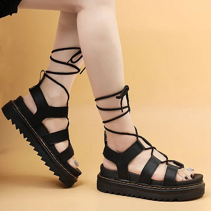 Black Cross-Tied Roman Sandalias De Mujer Verano Thick Flat Sole Heighten Sandaly Damskie Ankle Strap Peep Toe Huaraches Beach