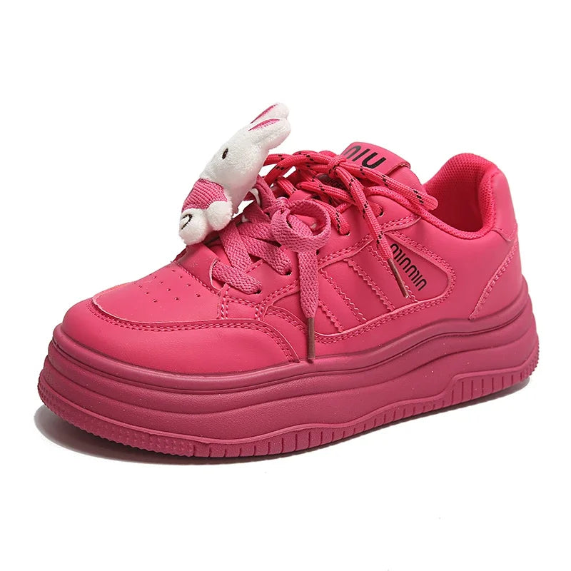 Chaussures à plateforme couleur bonbon pour femmes, chaussures à semelles compensées de luxe, accessoires de lapin de dessin animé, baskets polyvalentes à semelle épaisse pour filles, chaussures plates mignonnes