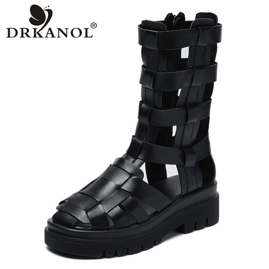 DRKANOL Sandales gladiateur style urbain pour femmes, 100 % cuir véritable, compensées creuses, sandales à plateforme, bottes d'été décontractées et cool