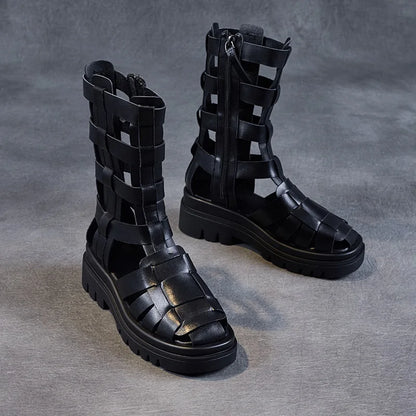 DRKANOL Sandales gladiateur style urbain pour femmes, 100 % cuir véritable, compensées creuses, sandales à plateforme, bottes d'été décontractées et cool