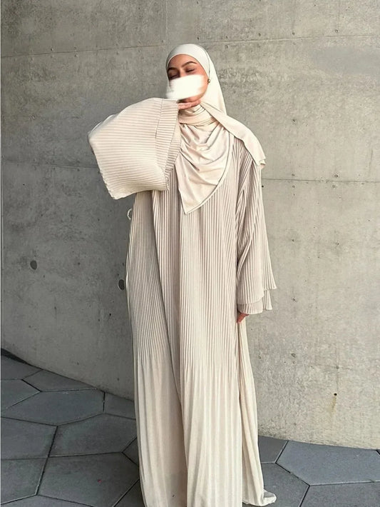 Eid Muslim Dress for Women Pleated Flare Sleeve Jalabiya Kaftan Islam Vestidos Arab Long Robe Ramadan Morocco Dubai Abayas 2024