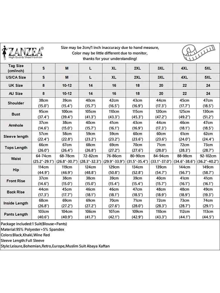 ZANZEA Printemps 2 pièces Tenues Femmes Musulmanes Élégant Ensembles Assortis Décontracté Manches Longues Hauts Pantalons Costume Islamique Hijab Survêtement 2025