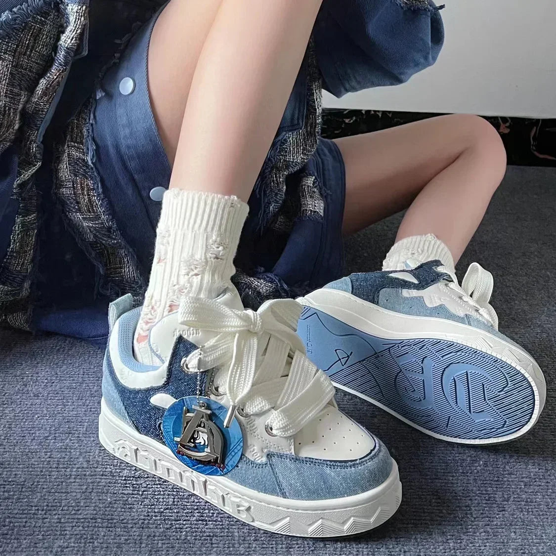 2024 Spring New Thick-Soled All-Match Casual Sneakers Female Couple National Trend Niche Denim Blue Couple Bread Shoes Male