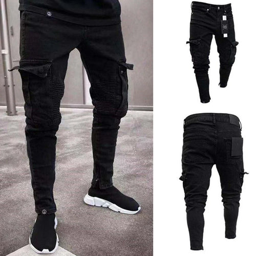 Fashion Streetwear Ripped Skinny Jeans Men Side Mulit Pockets Denim