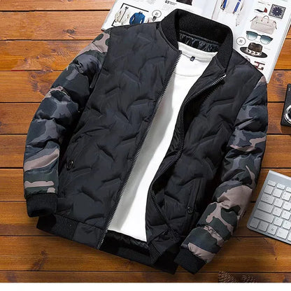 Veste de baseball d'hiver pour homme, manteau en coton patchwork camouflage, coupe slim, veste chaude à col montant pour homme