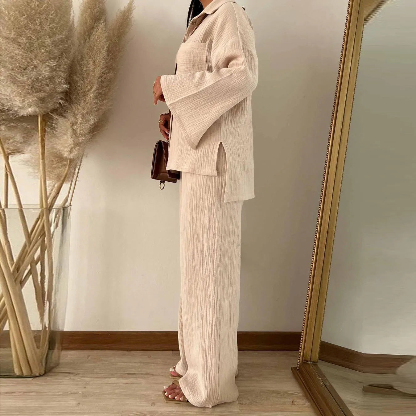 Eid Muslim Women Two Piece Set Splice Pocket Shirt Wide Leg Pants Ensemble Dubai Arab Islamic Ramadan Outfit Casual Suits