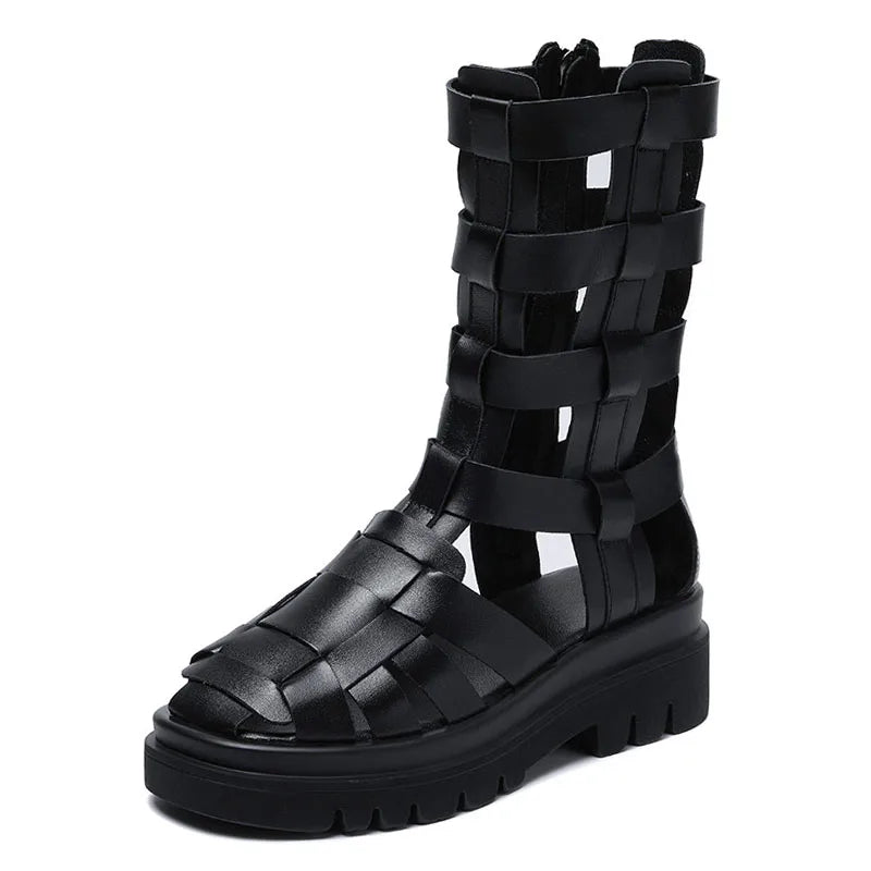 DRKANOL Sandales gladiateur style urbain pour femmes, 100 % cuir véritable, compensées creuses, sandales à plateforme, bottes d'été décontractées et cool