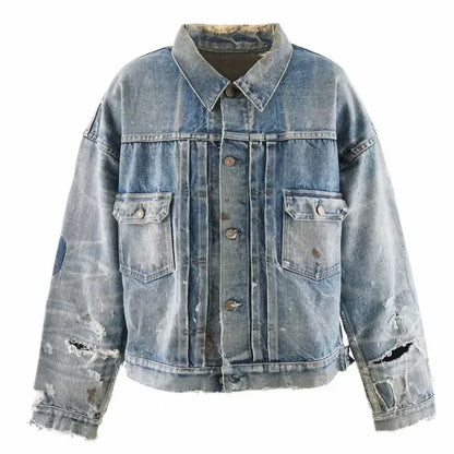 24ss Oversized SAINT MICHAEL Denim Jackets Women 1:1 Top Quality Washed Damaged Jackets Men Clothing