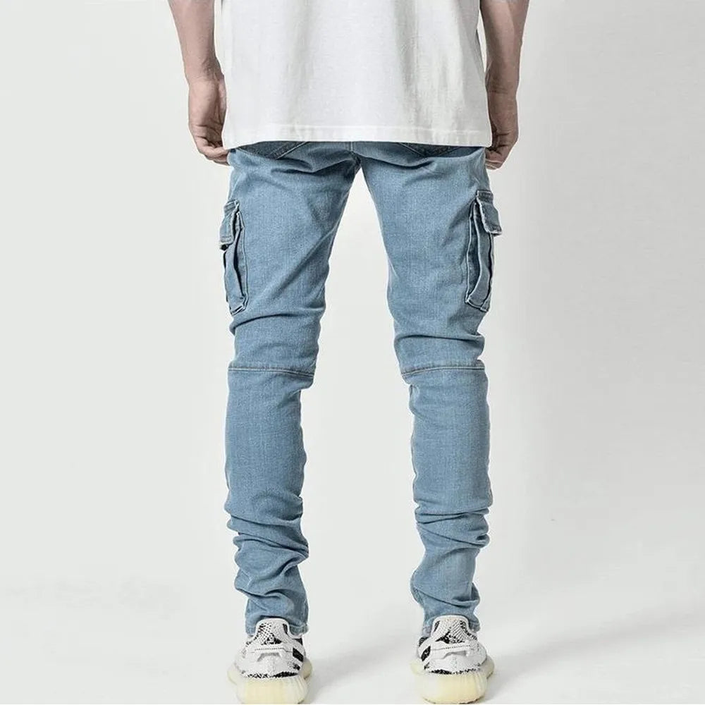 Street Elastic Jeans Men Denim Cargo Pants Wash Solid Color Multi 